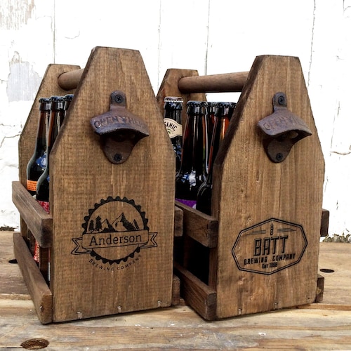 Barbecue rustique 12 oz, paquet de six sacs à bière en bois avec ouvre-bouteille, rangement pour la bière