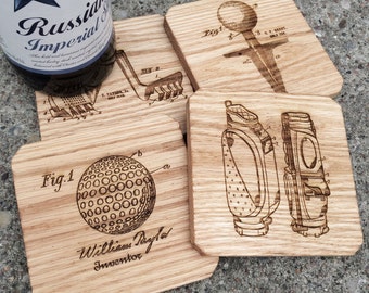 Men's Gift Etched Wooden Golf Coasters, Set of 4