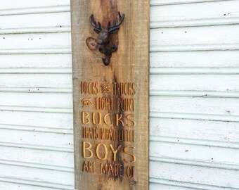 Hunting Nursery Sign With Hook and Ducks, Trucks & Eight Point Bucks Text