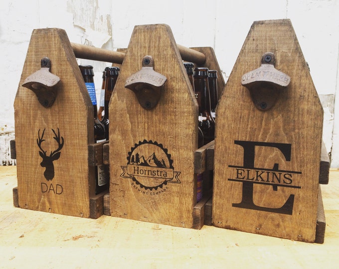 Personalized 6 Pack Wooden Beer Caddy or Condiment Tote, Unique Father's Day Gift
