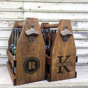 BBQ Rustic 12oz Six Pack Wooden Beer Caddy Tote With Bottle Opener, Beer Storage image 2