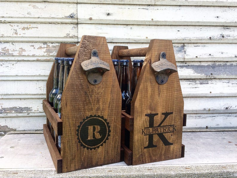 BBQ Rustic 12oz Six Pack Wooden Beer Caddy Tote With Bottle Opener, Beer Storage image 2