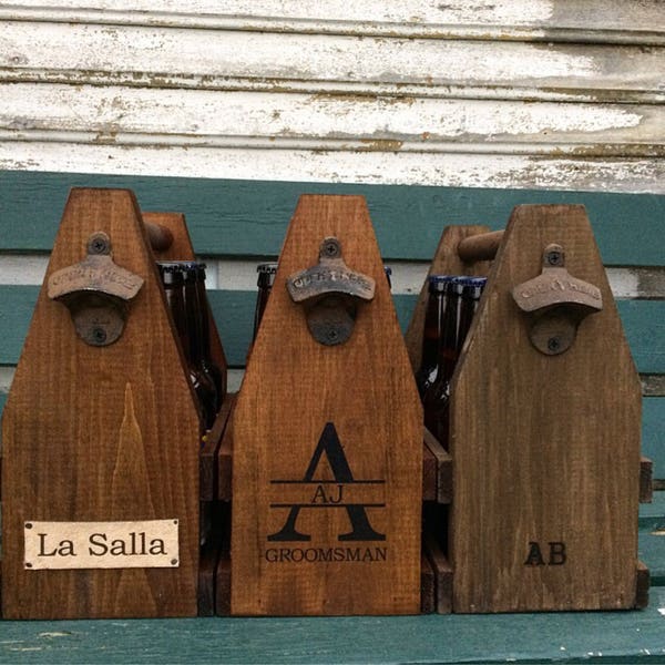 Wooden 6 Pack Beer Carrier Personalized Rugged Men's Gift Beverage Tote