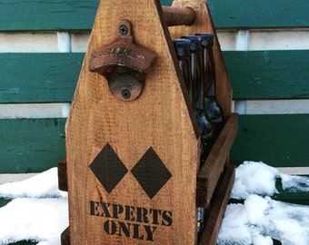 Double Black Diamond Ski and Snowboard 12oz  Six Pack Wooden Beer Carrier Beverage Caddy