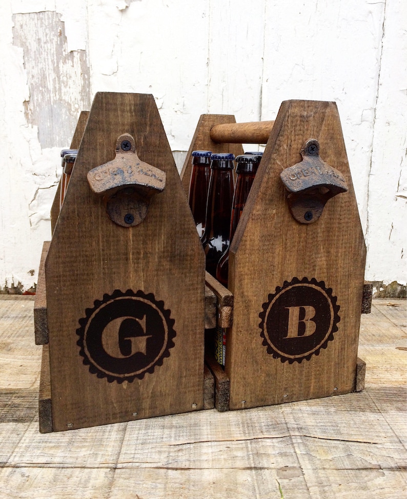 Men's Wooden Six Pack Beer Caddy Personalized With Bottle Opener image 2