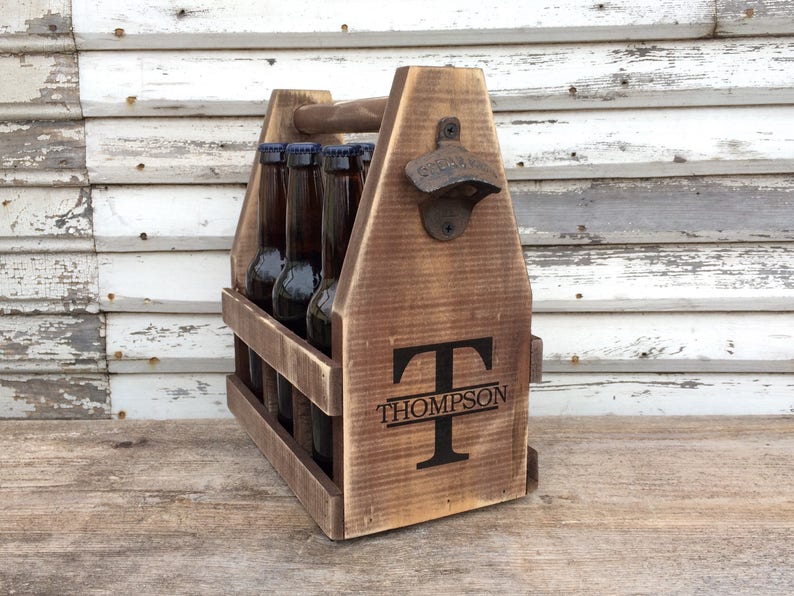 Men's Wooden Six Pack Beer Caddy Personalized With Bottle Opener image 1