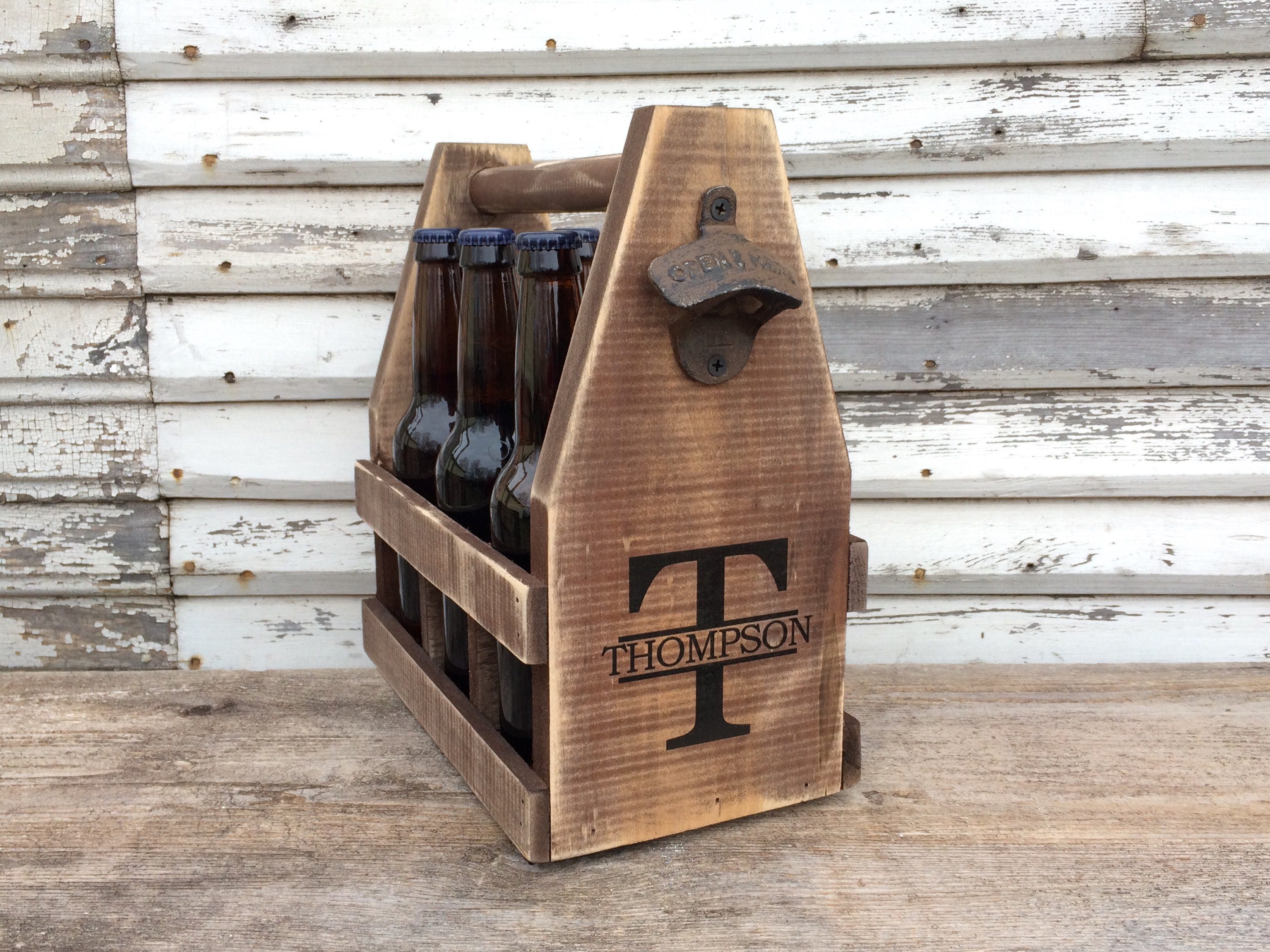Two-Tone Burnt Wood Bottle Caddy, Six-Pack Beer Carrier with Built-In –  MyGift