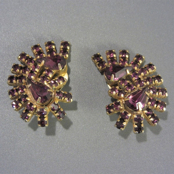 Vintage Designer Signed LA REL Amethyst Rhinestone Earrings, Clip On