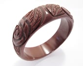 Wide Vintage Deep Carved Bakelite Bangle Bracelet Brown