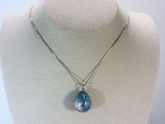 Vintage Sterling Cloisonne Egg Pendant Necklace - image 7