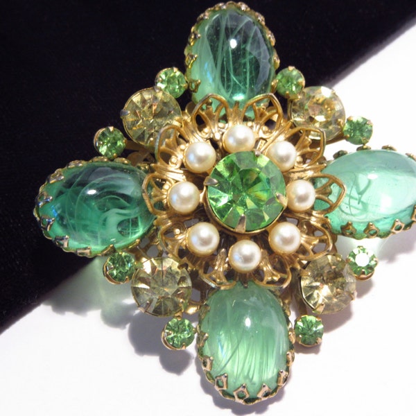 Green Rhinestone Brooch Pin Art Glass Cabochons Faux Pearls Vintage