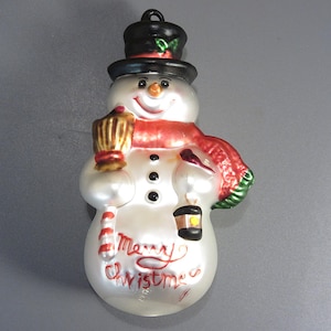 Vintage Glass Snowman Ornament, Merry Christmas