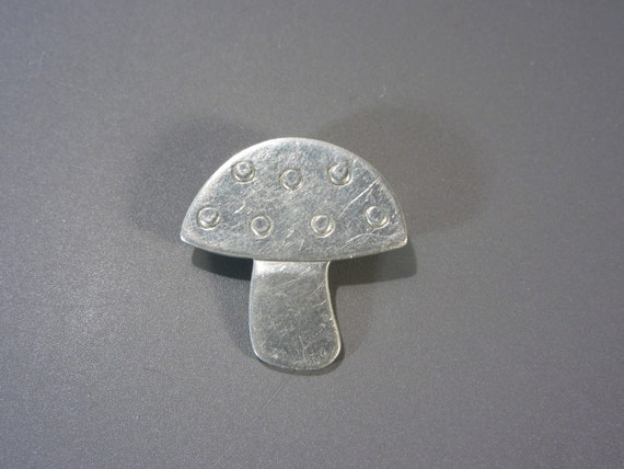 Vintage Pewter Mushroom Brooch Pin Signed JHN, Ha… - image 1
