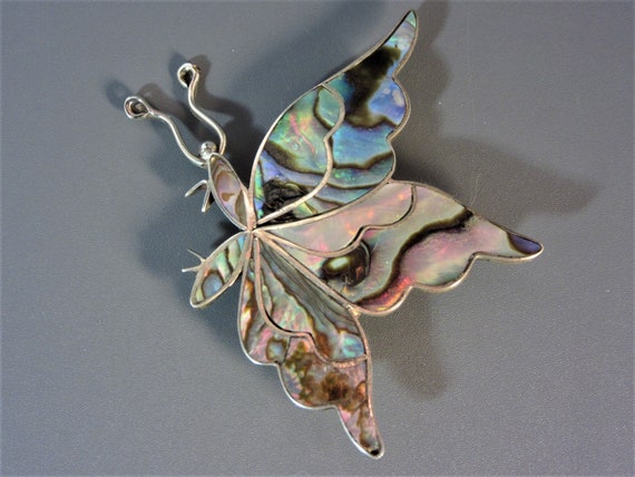 Vintage Sterling Inlay Butterfly Brooch 2 INch 7.… - image 1