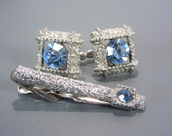 Vintage Swank Cufflinks and Tie Bar Clip Set, Silvertone Light Blue Rhinestone