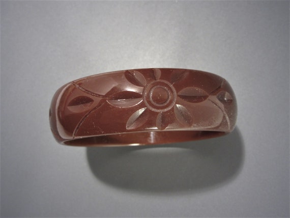 Wide Carved Bakelite Bangle Bracelet Chocolate Br… - image 4