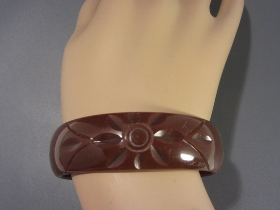 Wide Carved Bakelite Bangle Bracelet Chocolate Br… - image 1
