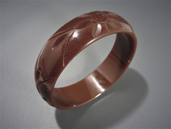 Wide Carved Bakelite Bangle Bracelet Chocolate Br… - image 2