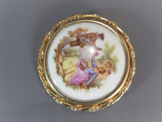 Vintage Limoges Porcelain Brooch, Courting Couple - image 2