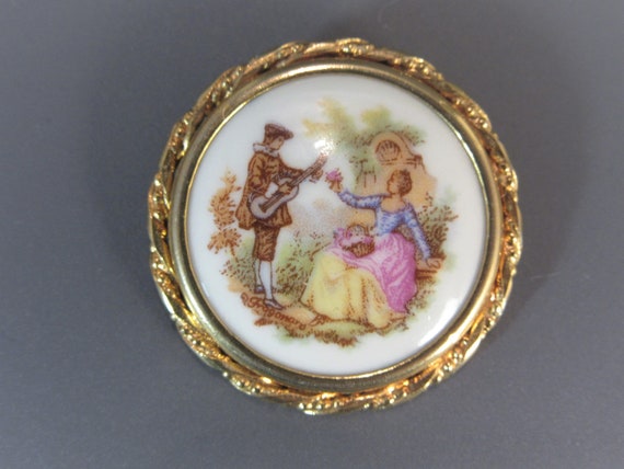 Vintage Limoges Porcelain Brooch, Courting Couple - image 1