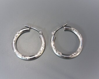 Diamond Cut 14k White Gold Hoop Earrings, 1 Inch