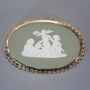Vintage Wedgwood Cupid Brooch Gold Filled Green Jasperware