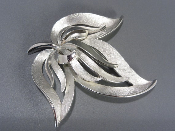 Vintage Trifari Silver Leaf Brooch, 2.5 Inch - image 1