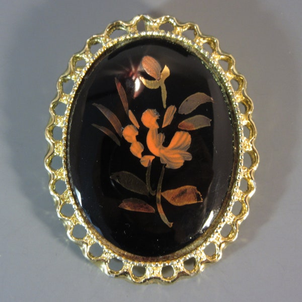 Vintage Handpainted Black Glass Brooch