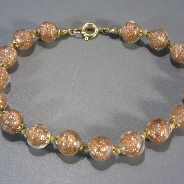 Vintage Gold Mica Glass Bead Bracelet 8 Inch