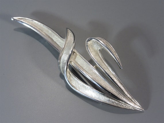 Trifari Brooch Silvertone, 3 Inch Long Vintage St… - image 1