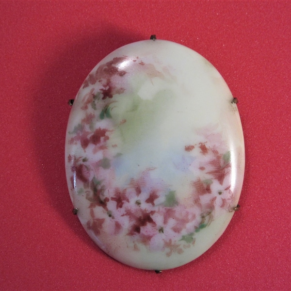 Antique Hand Painted Porcelain Brooch, Estate Jewelry