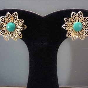 Vintage Filigree Flower Earrings Turquoise, Screw On