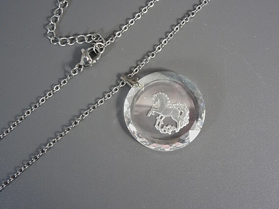 Vintage Unicorn Crystal Pendant Necklace Reverse Carved