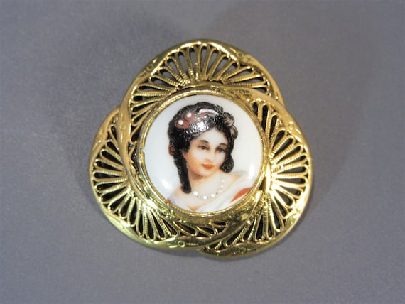 Vintage Limoges Porcelain Portrait Brooch France