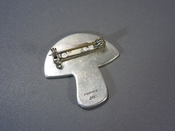 Vintage Pewter Mushroom Brooch Pin Signed JHN, Ha… - image 3