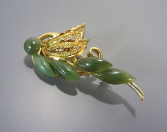 Vintage Jade Brooch Filigree Leaf