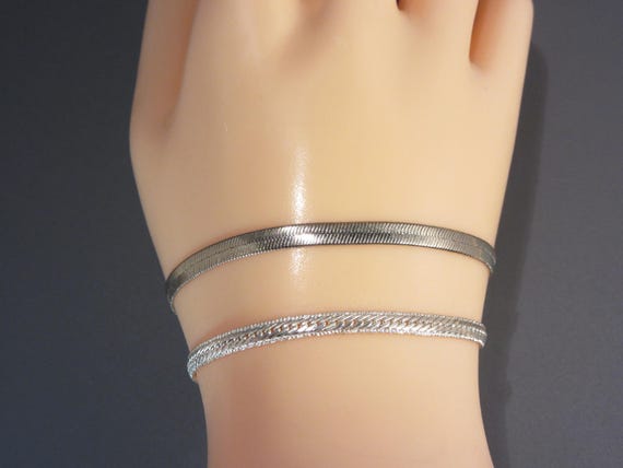 Two Herringbone Chain Bracelets, Silver Tone - image 1