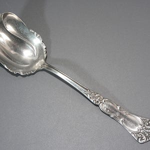 May include: A silver-toned serving spoon with a wide, scalloped bowl and an ornate, embossed handle featuring intricate scrollwork and floral-inspired detailing. The metal surface has a polished, reflective finish with visible decorative relief.