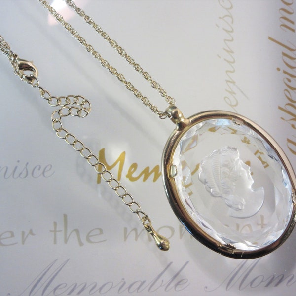 Vintage Intaglio Cameo Necklace, Reverse Carved Crystal Clear Glass