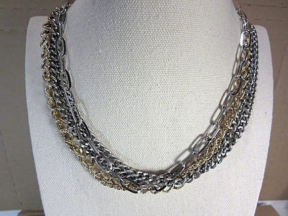 Bold Two Tone Multi Five Chain Strand Necklace Vi… - image 2