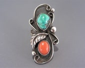 Vintage Southwestern Sterling Coral Turquoise Ring Size 5.5