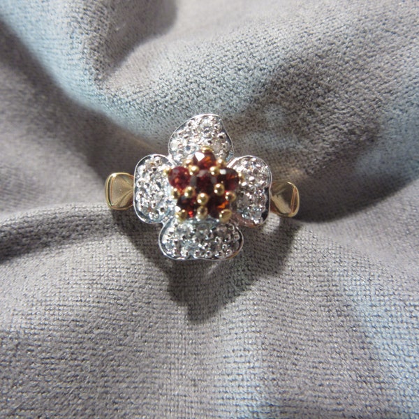 Vintage 18K Gold Plated Garnet Flower Ring