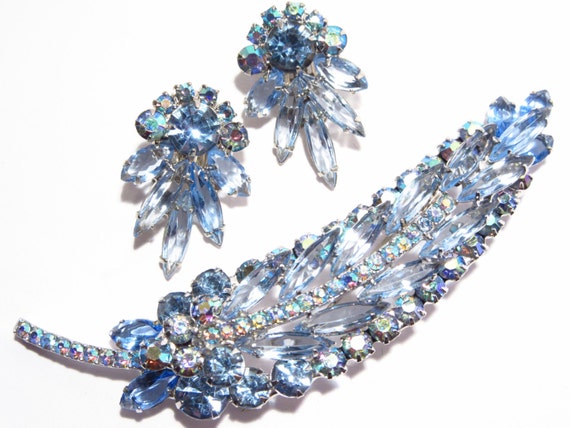 Verified Juliana Blue Rhinestone Brooch Earrings J