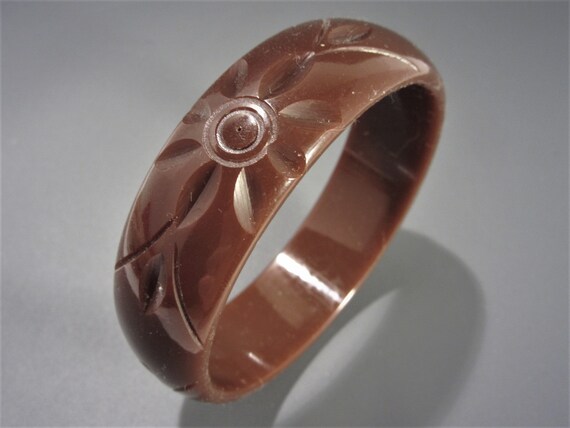 Wide Carved Bakelite Bangle Bracelet Chocolate Br… - image 3