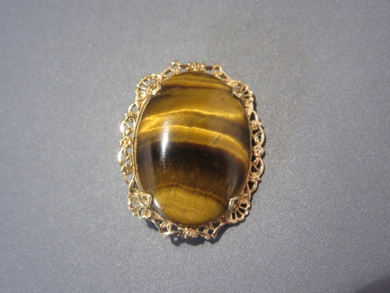 Vintage 10K Gold Filled Tigers Eye Brooch - image 3