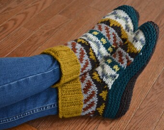 Mustard Namche Room Shoes, Hand-knitted. Fully Fleece-Lined Woolen Socks, Soft and Cozy. Gift of Love and warmth