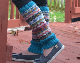 Turquoise Namche Leg warmers ,  Hand Knit with Fleece Lining. Cozy and soft. Gift Of Love and warmth,