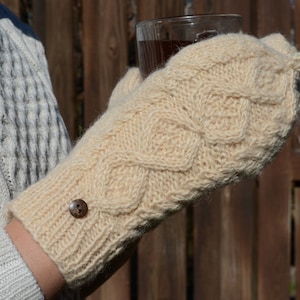 Beige Thame Cable Knit Convertible Mitten, Hand Knit winter gloves with Fleece Lining, Comfy and Warm.