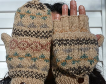 Beige Namche Handgestrickte Handschuhe, Winterhandschuhe mit Fleecefutter, bequem und warm.