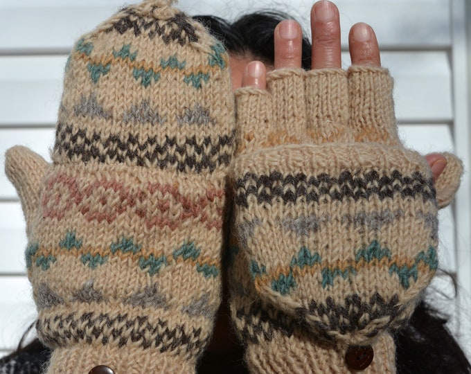 Beige Namche Hand Knit Convertible Mitten, winter gloves with Fleece Lining, Comfy and Warm.